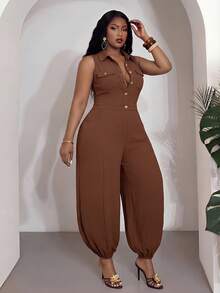 Slaydiva Bộ jumpsuit nữ không tay thanh lịch mùa Xuân/Hè, thích hợp cho công sở và sinh nhật, lễ tốt nghiệp, học sinh, đi chơi hàng ngày, đa năng cơ bản, thư giãn, nghỉ dưỡng, du lịch biển, tắm nắng, xu hướng thịnh hành, công sở thường ngày, tối giản và thoải mái. Thiết kế cổ yếm, ống loe và hàng cúc cài tiện dụng. - màu nâu - Xem 7