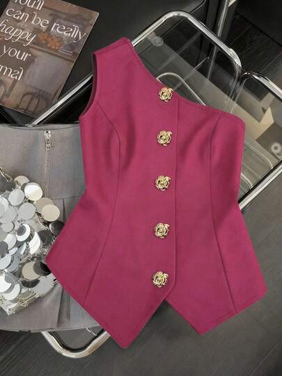 Franclia Blusa versátil con hombros oblicuos sexy en forma de S con hebilla de metal decorativa para mujer de talla grande, top romántico para primavera/verano, adecuado para el Día de San Valentín, chaleco para mujer, blusas para mujer, chaleco elegante de alta calidad para mujer, vestido blazer para mujer