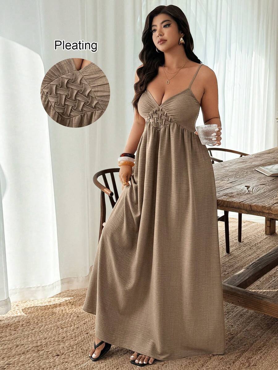 Weeklong Plus Size Women's Casual Sleeveless Ruched Decor A-Line Vacation Dress, Spring/Summer - Brown - View 1