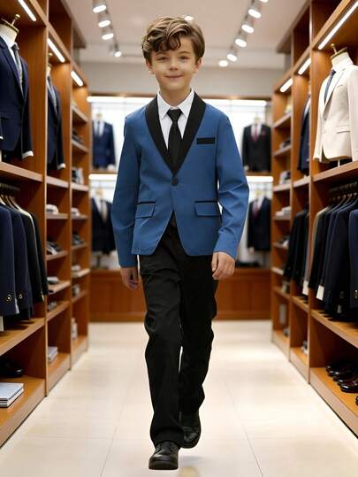 青少年男孩撞色单排扣长袖外套和裤子休闲套装，适合派对和舞台表演