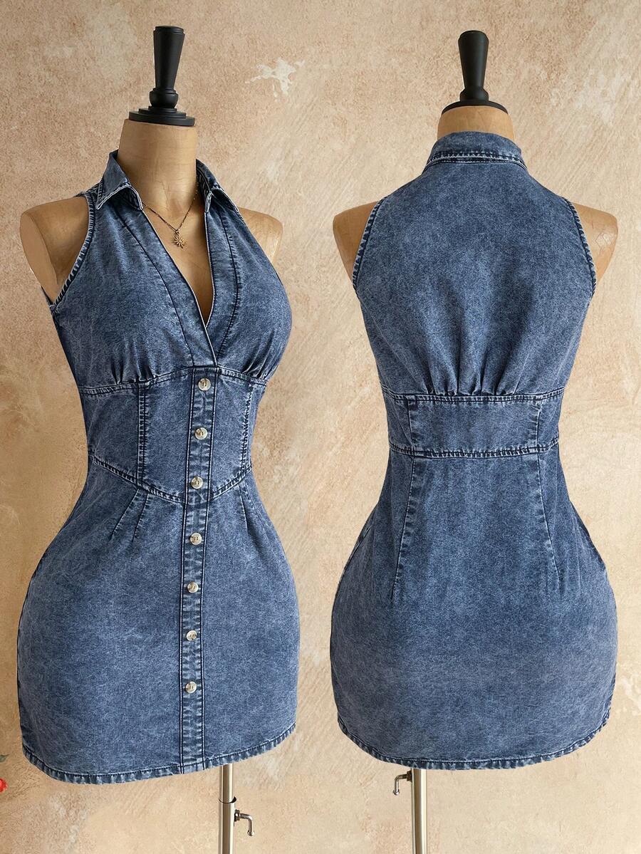 Soleia Women's Light Blue Halter V Neck Button Down Denim Bodycon Mini Dress,Seksi Chic Sleeveless Party Outfits,Autumn Vintage Night Out Streetwear - Blue - View 1