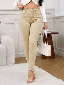 SHEIN FlexDen Quần jeans ống ôm màu trơn có đai, đa năng, thích hợp mặc hàng ngày. - Màu Khaki - Xem 4