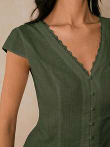 Poéselle Women's Lace Trim V-Neck Casual Versatile Daily Wear Blouse - Army Green - View 7