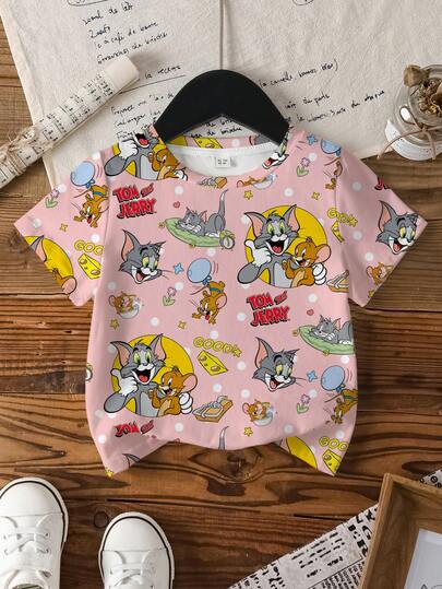 TOM & JERRY X SHEIN Áo thun ngắn tay cổ tròn in hình hoạt hình dành cho bé gái