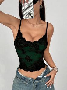 Rina Fox 法式性感蕾丝撞色露背吊带背心女式印花T恤女式上衣 - 綠色 - 查看 4