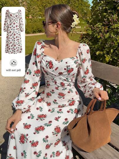 Modelyn Đầm dài tay in hoa, cổ chữ V, thanh lịch, thời trang dành cho nữ.