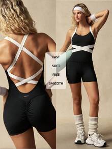 VARSIVA Mono deportivo ajustado con cuello halter y espalda descubierta de color contrastante - Blanco y Negro - Ver 11