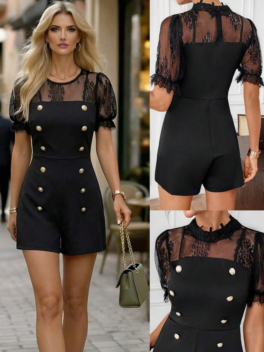 Editum 春夏新款黑色长袖蕾丝边饰优雅修身设计金色装饰纽扣天鹅绒连体裤，女士冬季、圣诞节、新年服装 - 黑色 - 查看 1
