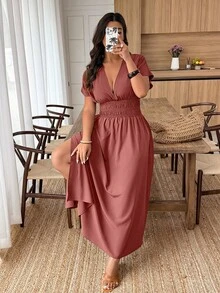 Breezaya Plus Size Women Deep Shirred Cinched Waist High Slit Dress - Redwood - View 5