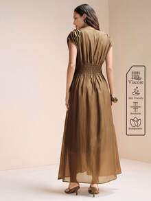 Arave Women Long Maxi Dress Viscose Textured Fabric A-Line Wide Smocked Elastic Waist V Neck Flutter Sleeve Pleated Design Elegant Vintage Vacation Brown Dress Elegant Dresses For Women Vacation Outfits Women Summer Holiday Outfits Viscose Dress Women Dress Smocked Dress For Women V Neck Dress For Women Maxi Dress For Women - Brown - View 4
