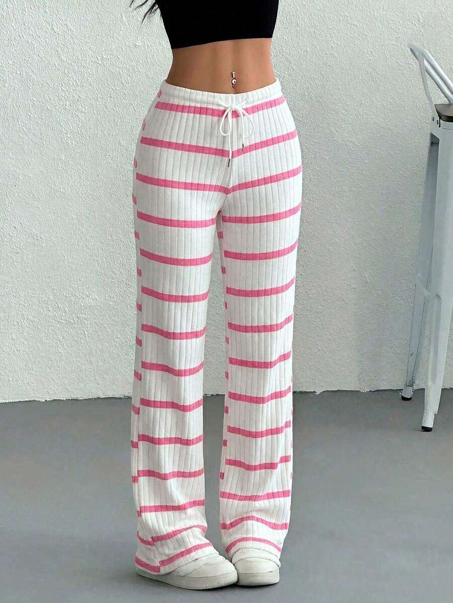 SHEIN EZwear 女士休闲玫红色撞色条纹罗纹抽绳腰裤,适合春秋季穿着 - 玫紅色 - 查看 1