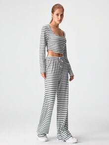 Loungeista 两件套女士圆领长袖上衣+松紧腰裤睡衣套装 - 黑與白 - 查看 6