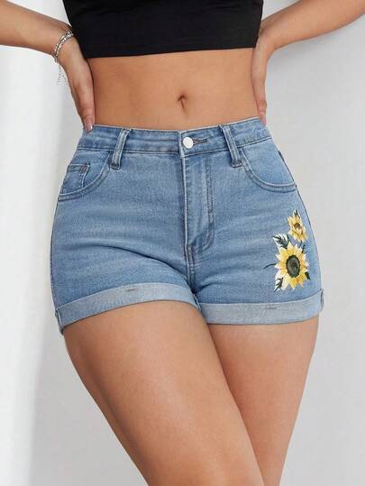 SHEIN EZwear 女士印花牛仔短裤，春夏款