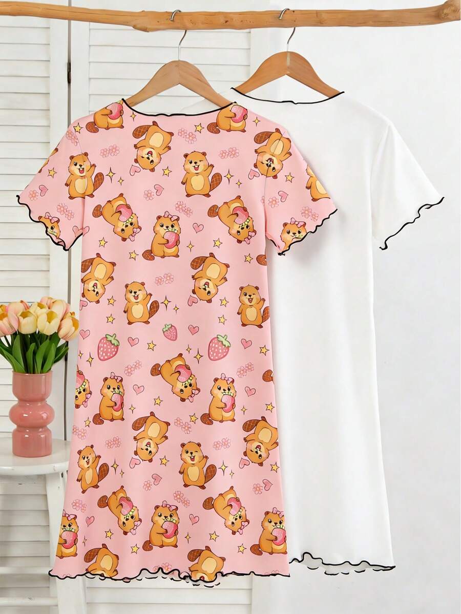 Conjunto de Pijama Camisola Longa de Manga Curta Minimalista e Fofa com Estampa de Panda para Meninas, Branco e Rosa - Multicolorido - Visão 1