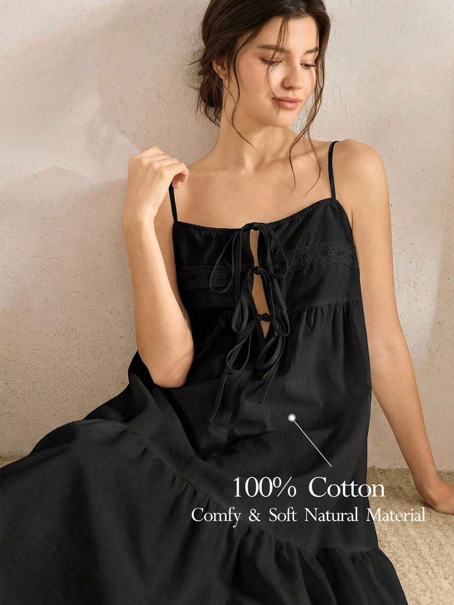 Ocili 100%纯棉刺绣蕾丝边舒适休闲睡衣连衣裙(女款) - 黑色 - 查看 1