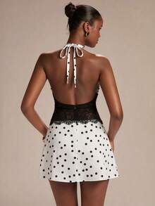 SHEIN BAE Women's White With Black Polka Dots Lace Patchwork Bow Decor A-Line Mini Dress, Elegant Sexy For Spring Summer Night Out Date Night - White - View 2