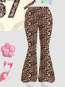 2pcs/Set Young Girl Casual Minimalist Numeric Print Round Neck Short Sleeve T-Shirt And Leopard Print Flare Pants, Suitable For Summer - Multicolor - View 8