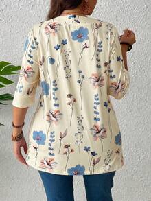 EMERY ROSE Summer Women's Floral Leaf Printed Patchwork 2 In 1 T-Shirt Graphic Tees Women Tops - Apricot - View 2