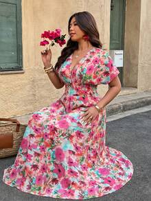 Weeklong Plus Size Women Printed Deep V Neck Dress, Random Print - Multicolor - View 3