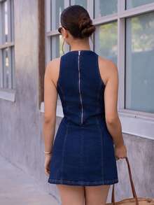 Andrea Bello Váy denim thường ngày cho nữ, tối giản và thời trang để mặc hàng ngày - Màu xanh lam - Xem 2