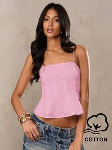 SHEIN BAE Áo hai dây croptop màu trắng, chất liệu pha lanh, thêu hoa 3D, thích hợp cho mùa hè, đi biển, kỳ nghỉ ở miền Nam nước Pháp, Ibiza, Ý. - Màu Hồng baby - Xem 1