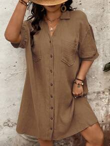 SHEIN Holidaya Plus Size Women Solid Color Drop Shoulder Single-Breasted Casual Shirt Dress Linen Outfits For Women Linen Dress For Women Casual Outfit For Women Dress - Brown - View 5