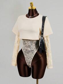 BamGleam 女士长袖性感蕾丝连体衣 - 米色 - 查看 1