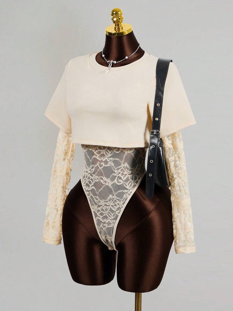 BamGleam 女士长袖性感蕾丝连体衣 - 米色 - 查看 1