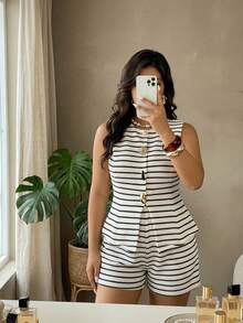 Auralis 新款夏季黑白条纹针织弹力菠萝纹波浪提花加大码女装两件套/套装，优雅通勤/办公装，休闲度假波西米亚风套装，背心和短裤 - 彩色 - 查看 8