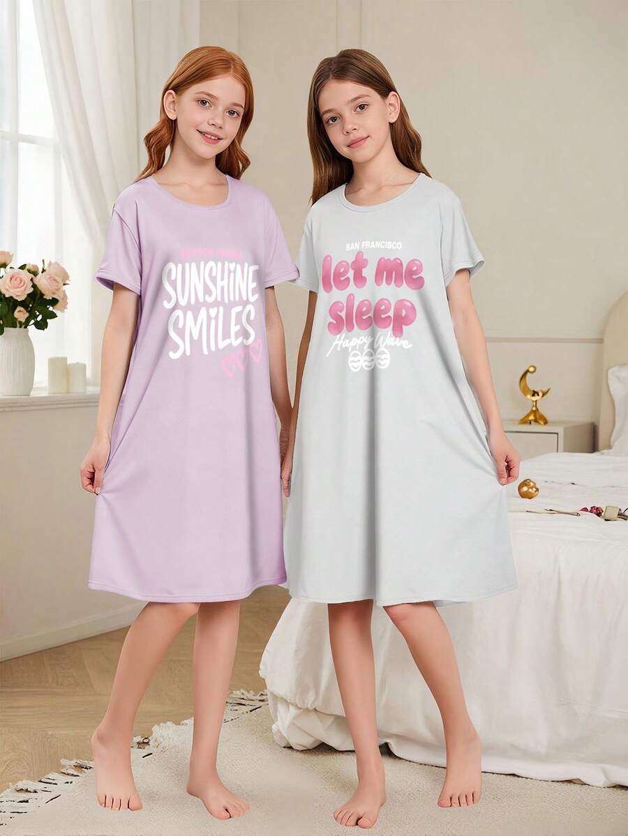 Girls Cute Cartoon Letter Print Milk Silk Fabric Short Sleeve Nightgown Loungewear - Multicolor - View 1
