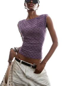 LYSMO Áo camisole thời trang nữ in chấm bi, xếp ly, ôm sát. - Bụi tím - Xem 4