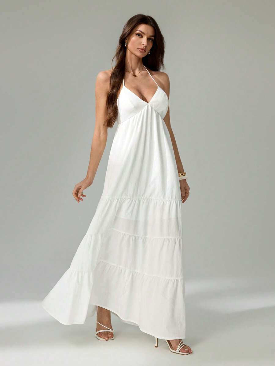 SHEIN Tall Đầm dài cổ buộc dây màu trơn tối giản dành cho nữ, thích hợp mặc hàng ngày.