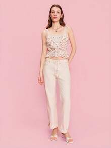 lacRébo Áo hai dây màu trắng viền ren, cài cúc phía trước, xếp ly và thắt eo, kiểu Pháp, thích hợp cho mùa xuân hè, đi nghỉ mát hoặc đi du lịch. - Nhiều màu - Xem 3