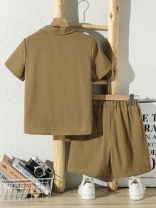 Tween Boy Solid Color Single-Breasted Short Sleeve Shirt And Shorts Casual Daily Outfit - Camel - View 2