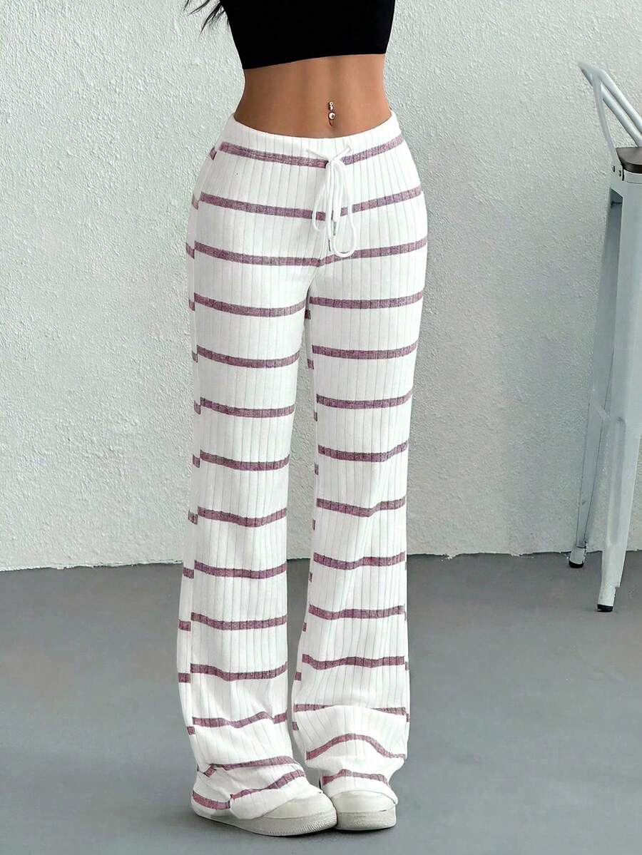 SHEIN EZwear 女士休闲紫色撞色条纹罗纹抽绳腰裤，适合春秋季穿着 - 紫色 - 查看 1