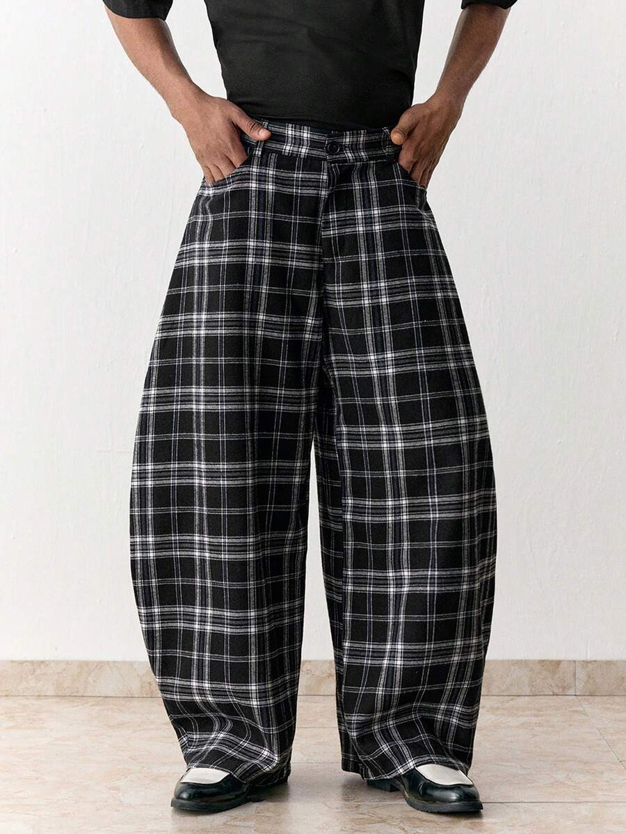 SWAVVY Men's Casual Commuter Plaid Curved Leg Pants - Black - View 1