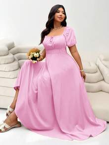 Solflare Plus Size Women Cerise Pink Summer Curve Dress,Short Sleeve Tie Front Waist Cinched Elegant Holiday Party Outfits,Casual Wedding Guest Dress - Pink - View 3