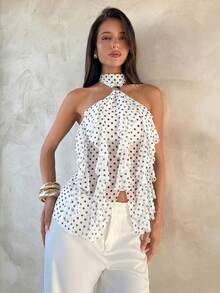 Aloruh Women's Elegant Multi-Layer Ruffle Trim Stand Collar Fitted Tank Top - Black and White - View 7