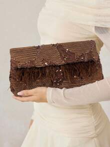 MOTF PREMIUM LADIES ELEGANT FLORAL PATTERN BEAD MATERIAL CLUTCH BAG ENVELOPE BAG WITH ARTIFICIAL FEATHER DECORATION,VALENTINES DAY - Coffee - View 9