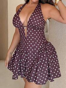 Maria Perezxox 女式波尔卡圆点 V 领镂空腰 A 字迷你连衣裙，适合派对、圣诞节、约会、夜总会、波西米亚风、波西米亚风、度假、秋季 - 棕色 - 查看 6