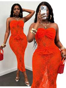 Glyssa Sexy Solid Color Lace Twist Bodycon Tube Dress, Summer - Orange - View 1