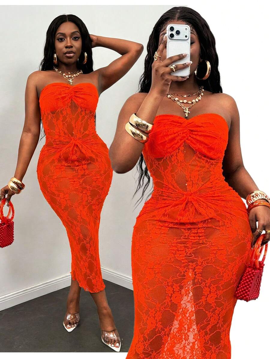 Glyssa Sexy Solid Color Lace Twist Bodycon Tube Dress, Summer - Orange - View 1