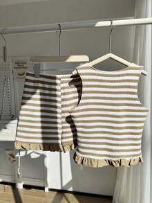 2pcs/Set Striped Bow Tie Sleeveless Crop Top,Ruffle Hem Shorts Set For Teenage Girls,Khaki,Summer,Cute,Matching,Family Vacation Sweet & Spicy Style - Multicolor - View 2