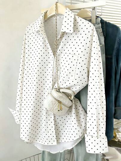 Resyla Áo sơ mi nữ dài tay cài một hàng khuy, họa tiết chấm bi, có túi, thanh lịch, phù hợp cho đi làm và công sở.