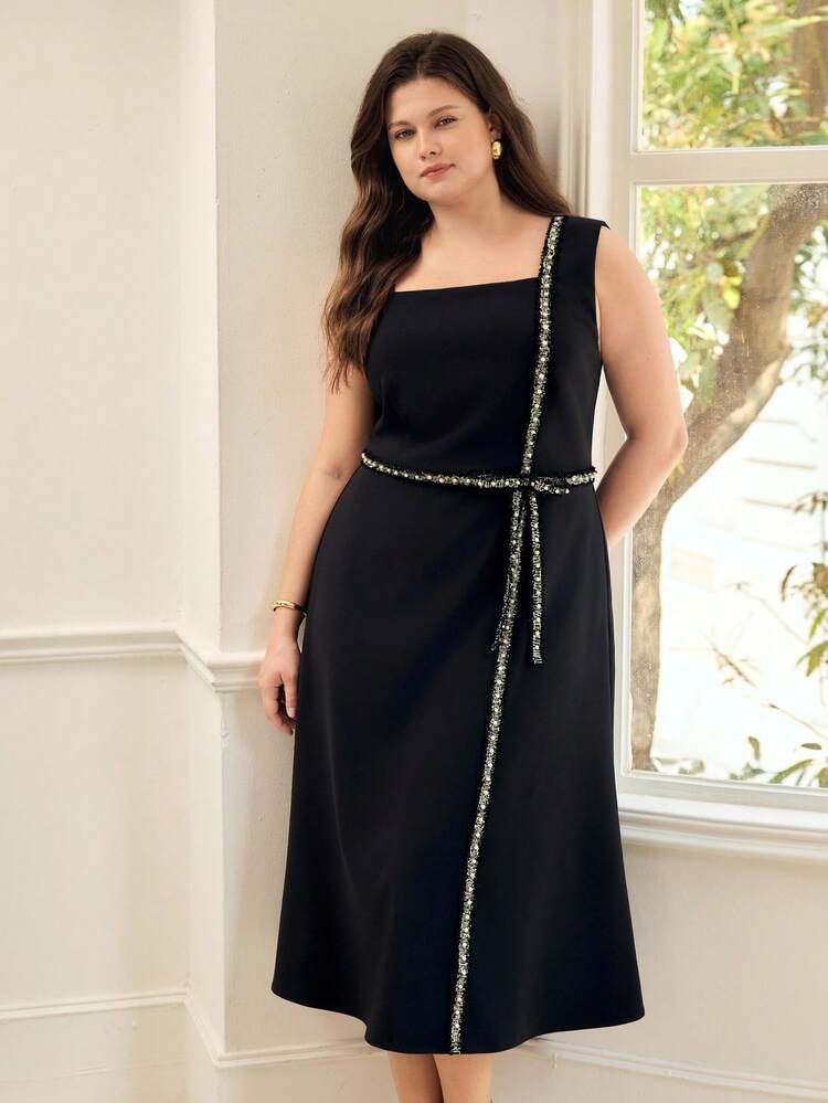 PLUS SIZE WOMEN ELEGANT RHINESTONE DECOR A-LINE MIDI DRESS
