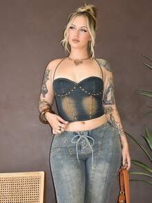 Arliah Áo denim thường ngày hở lưng dây mảnh cổ yếm cho nữ, không tay, khóa kéo chéo sau lưng - Rửa tối - Xem 6