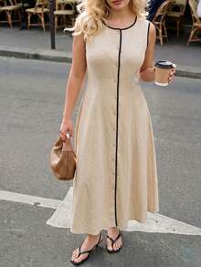 Dripcurv 大码女式夏季杏色无袖长连衣裙，夏季连衣裙，度假装，沙滩裙，乡村风连衣裙，杏色连衣裙，女士度假装。 - 杏色 - 查看 1