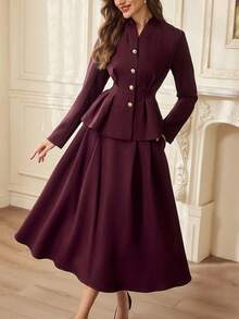 Vintamour 复古优雅女士两件套西装，褶裥纽扣西装外套带口袋，搭配半身裙，休闲通勤度假夏季女装，夏季服装，夏季度假装，春季女装，春季连衣裙，春季服装，春假装，情人节装，情人节连衣裙，优雅派对连衣裙，派对装，婚礼宾客女装，婚礼派对连衣裙，优雅女装，优雅长裙，优雅女装，红色女装 - 紫色 - 查看 1