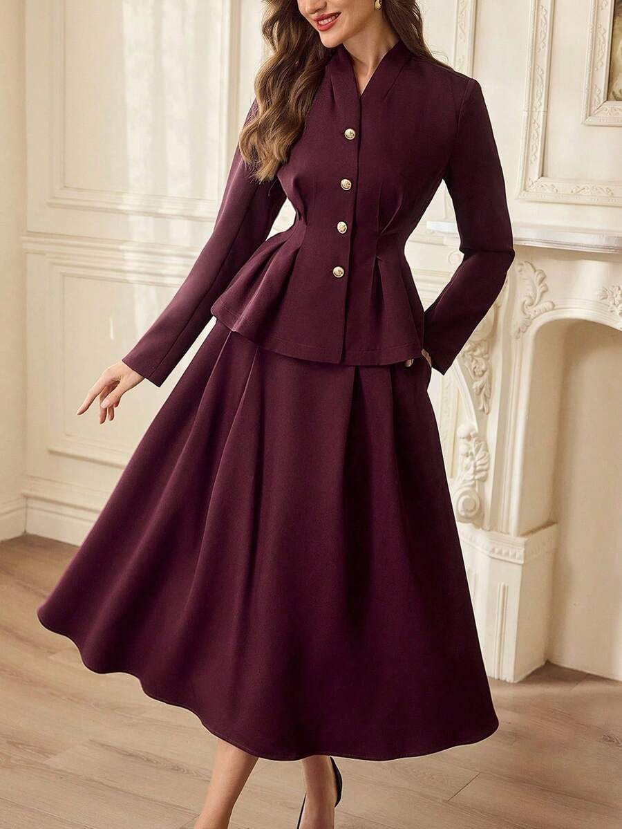 Vintamour 复古优雅女士两件套西装，褶裥纽扣西装外套带口袋，搭配半身裙，休闲通勤度假夏季女装，夏季服装，夏季度假装，春季女装，春季连衣裙，春季服装，春假装，情人节装，情人节连衣裙，优雅派对连衣裙，派对装，婚礼宾客女装，婚礼派对连衣裙，优雅女装，优雅长裙，优雅女装，红色女装 - 紫色 - 查看 1