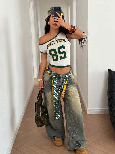 SHEIN HypeZone 女士时尚绿白撞色刺绣肩部短袖衬衫